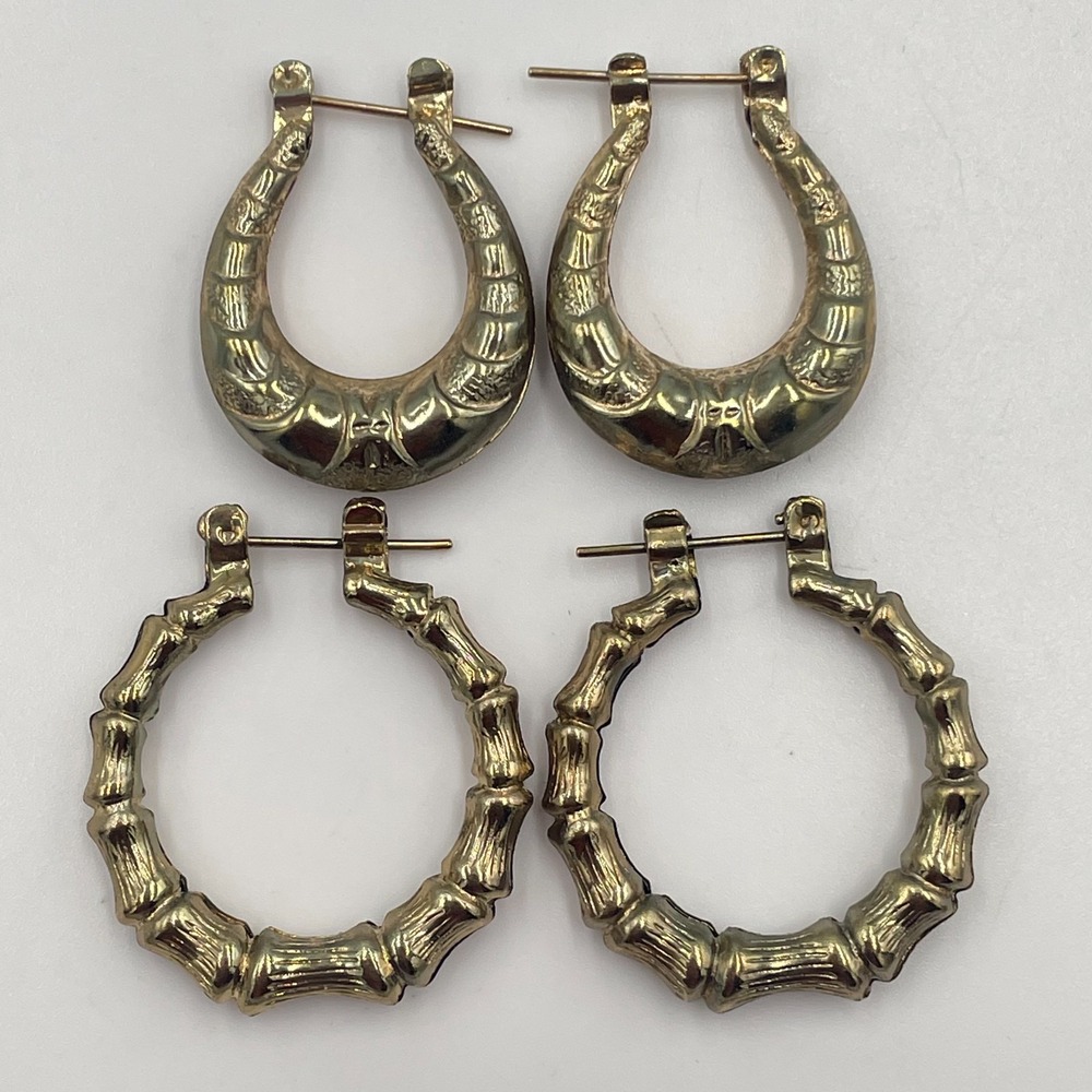 Vintage 14K Gold Filled Hoop Earrings Lot Retro Bamboo Shrimp Pincatch Creoles